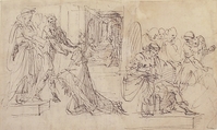 Woman Kneeling before a Standing Man, and Supplicant Kneeling before an Enthroned Male Figure, Francesco Curia (Italian, documented Naples 1565/70–1608 Naples), Pen and brown ink